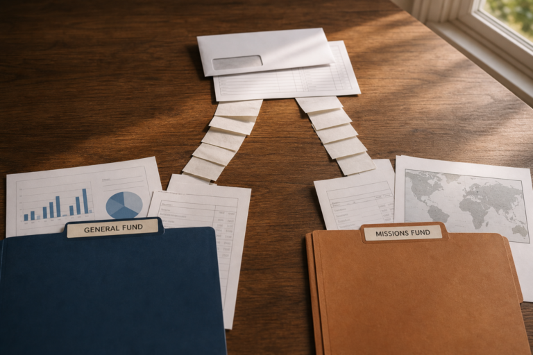 One church deposit divided into General Fund and Missions Fund records.