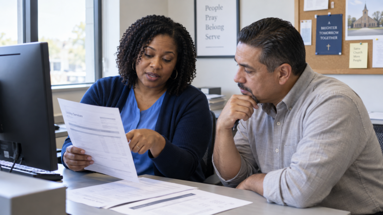 Church bookkeeper explaining an accounting discrepancy to a pastor while reviewing a utility invoice.