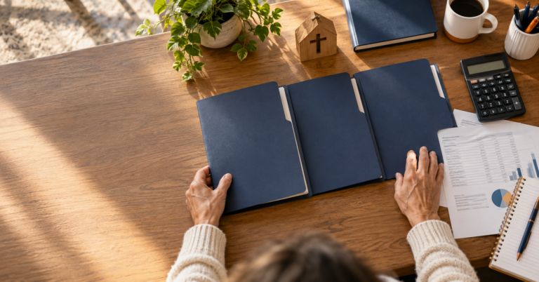 Church treasurer organizing three equity account folders beside year-end financial reports.